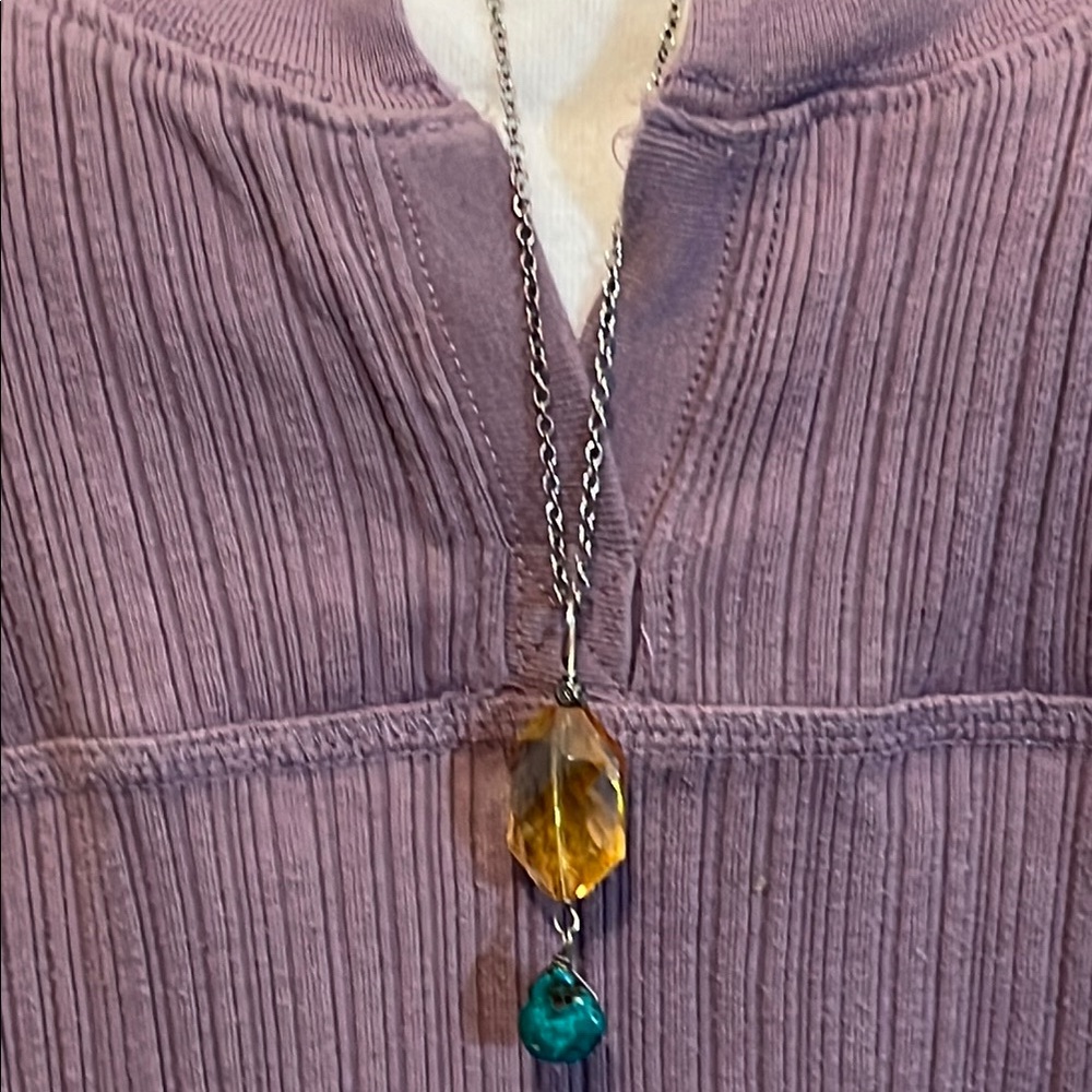 Unique Silver Necklace with Yellow and Turquoise Accents - Picture 7 of 10